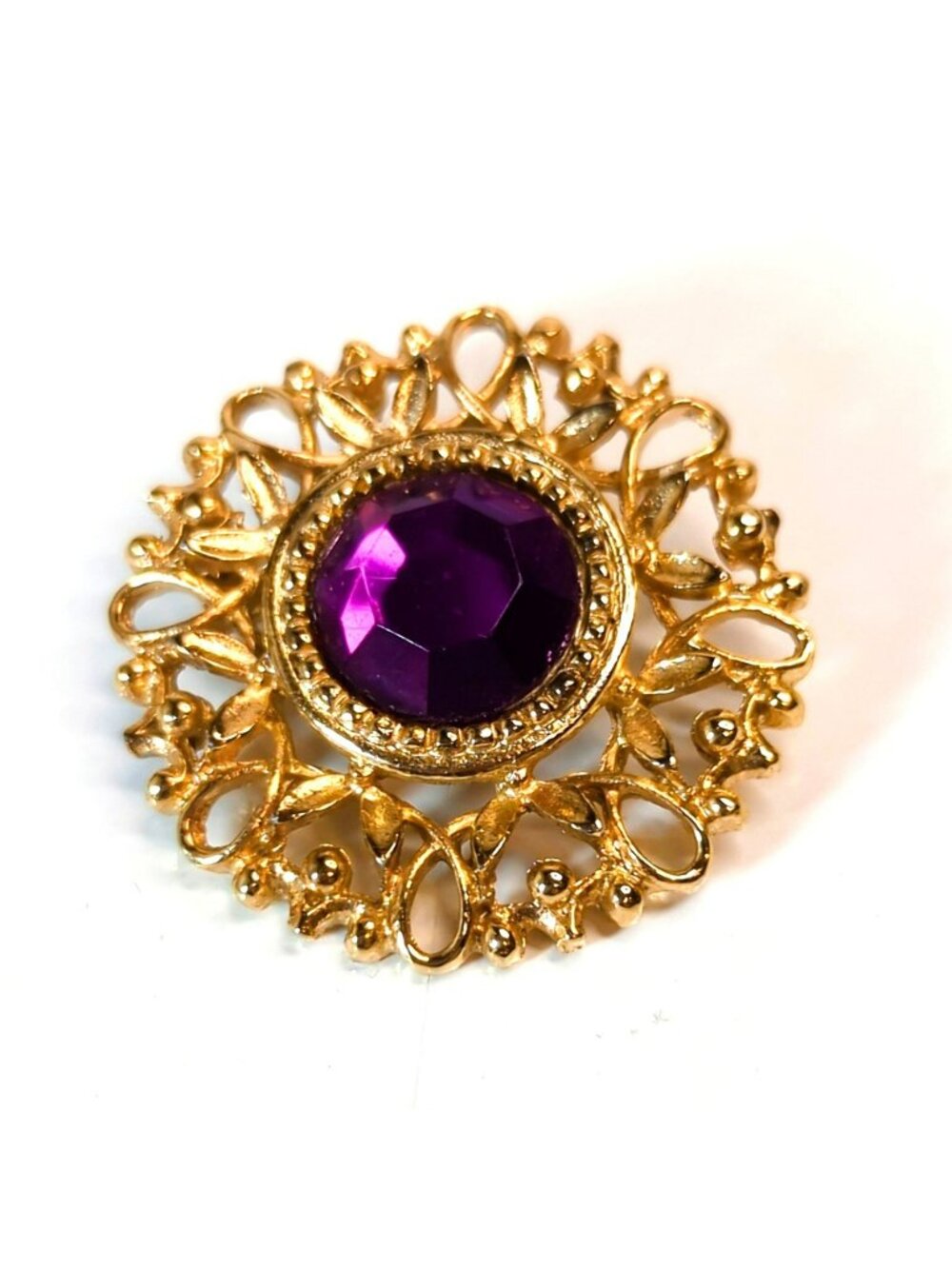 Vintage Gold Tone Filigree Brooch Purple Glass Faceted Round Pin